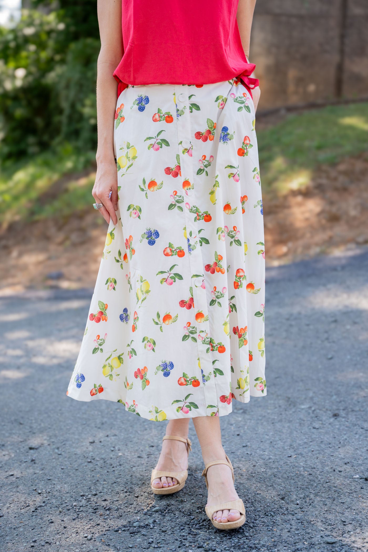 Fruit Print Button-Front Skirt