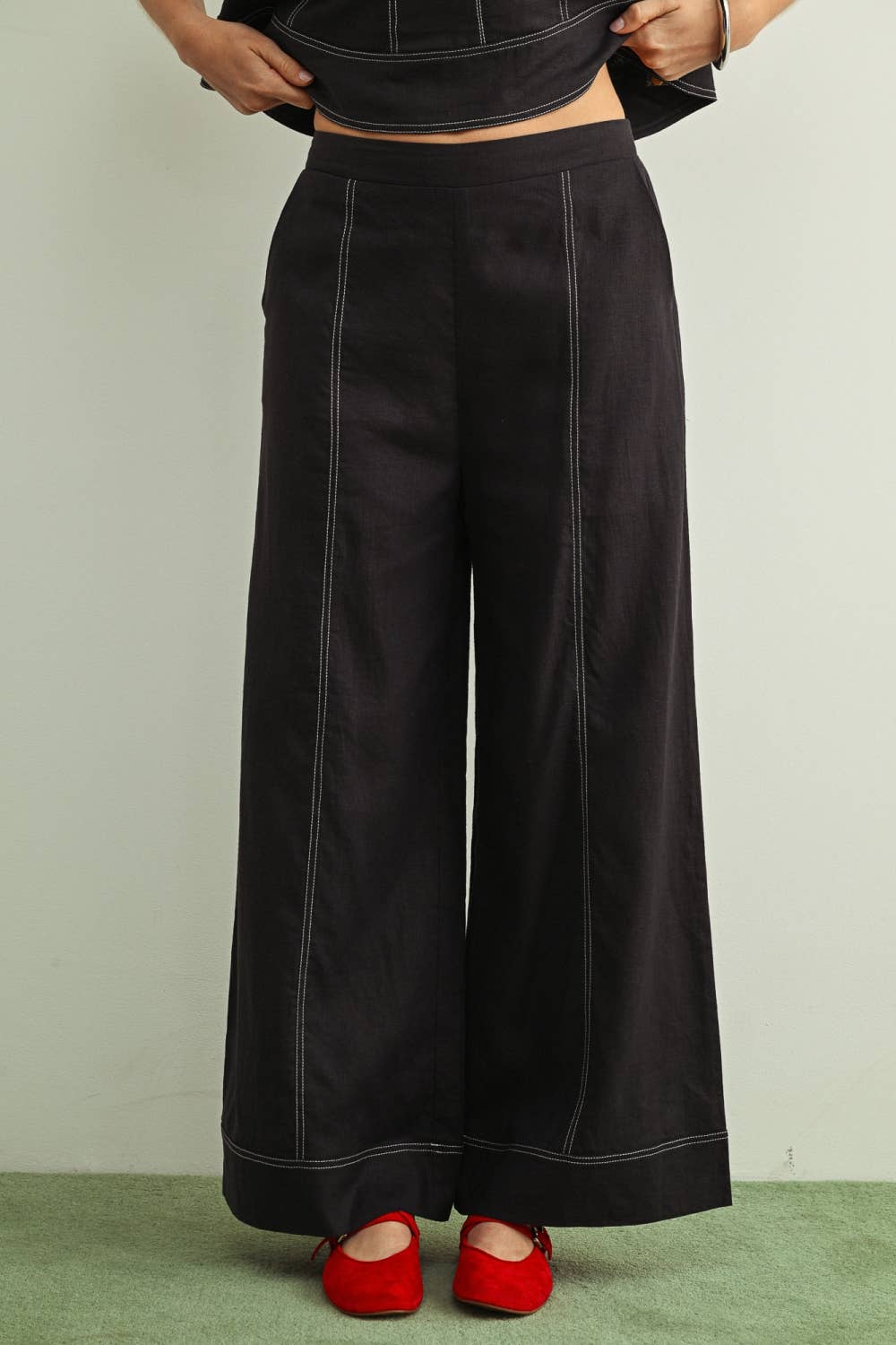 Stitch Detailed Wide Leg Linen Pants