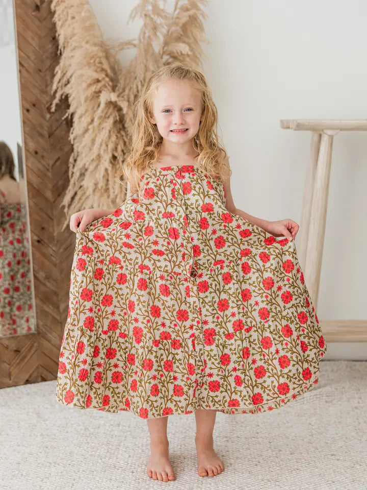 Tan & Coral Floral Spaghetti Strap Tiered Dress