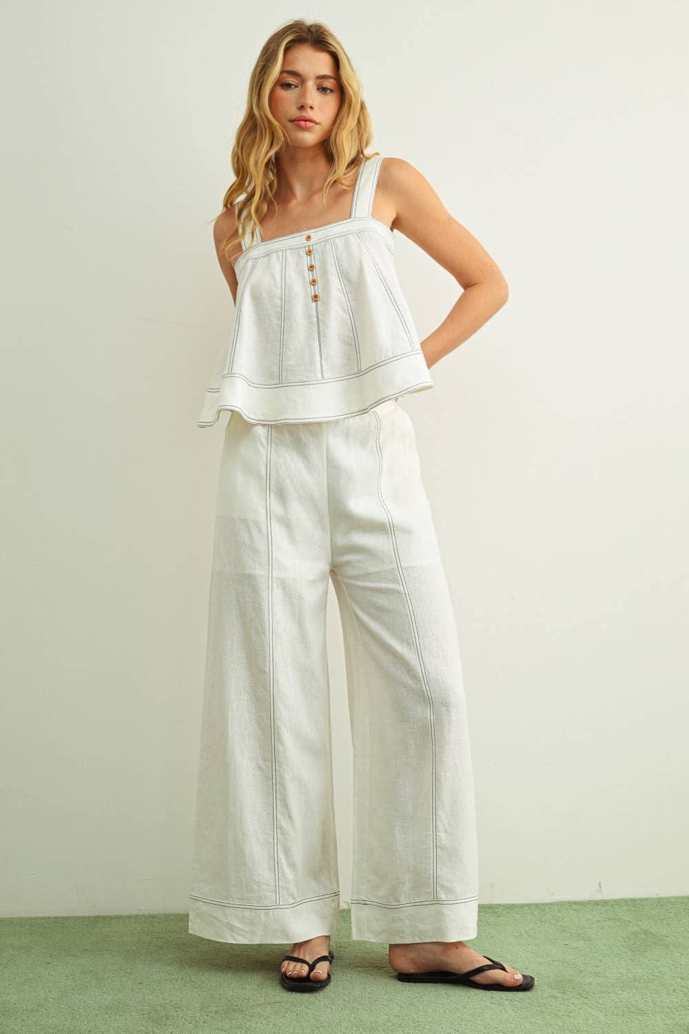 Stitch Detailed Wide Leg Linen Pants
