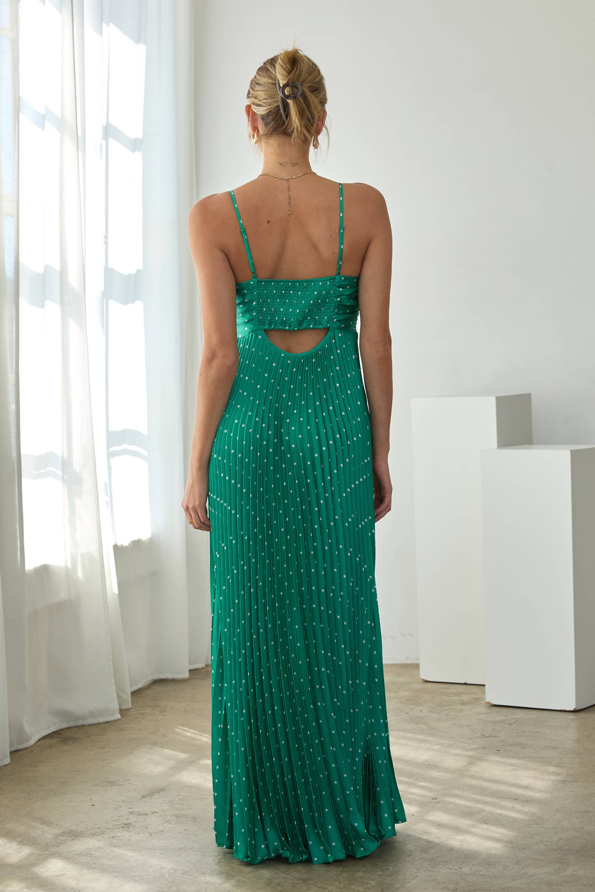 Polka Dot Pleated Maxi Dress